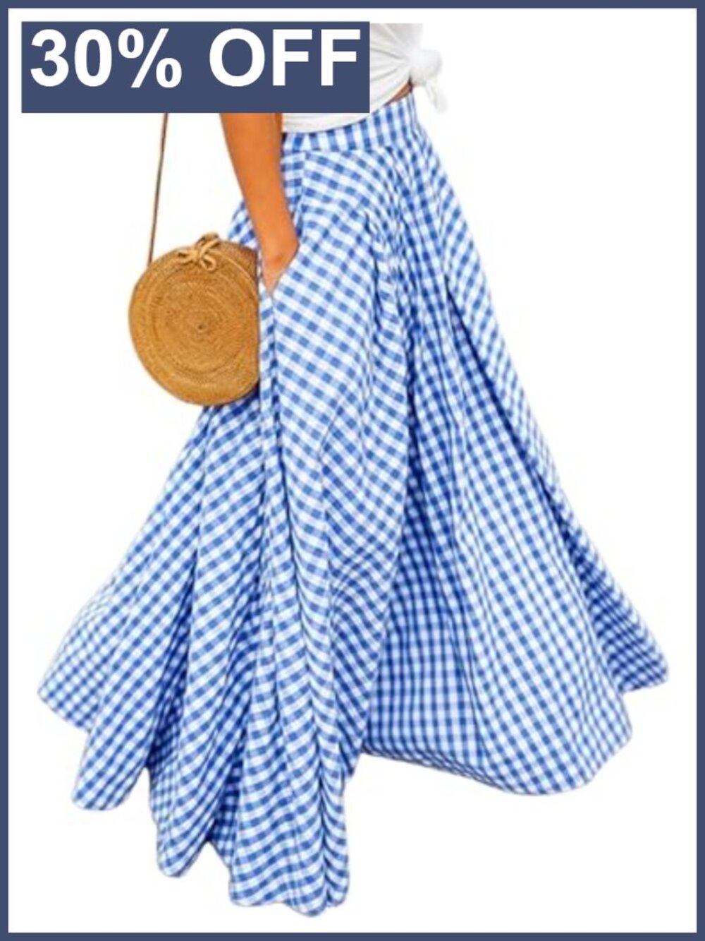 Plaid Gingham Maxi Skirt High Waist A-Line Pleated Long Skirt with Pockets